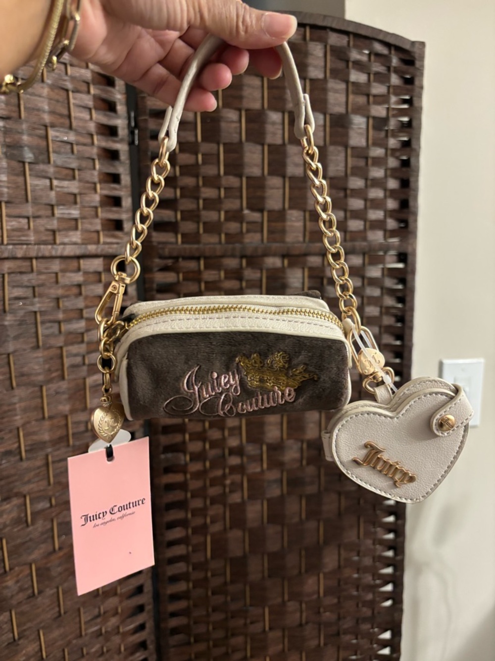 Juicy Couture Brown & Cream Mini Chain Handle Bag with Heart Charm